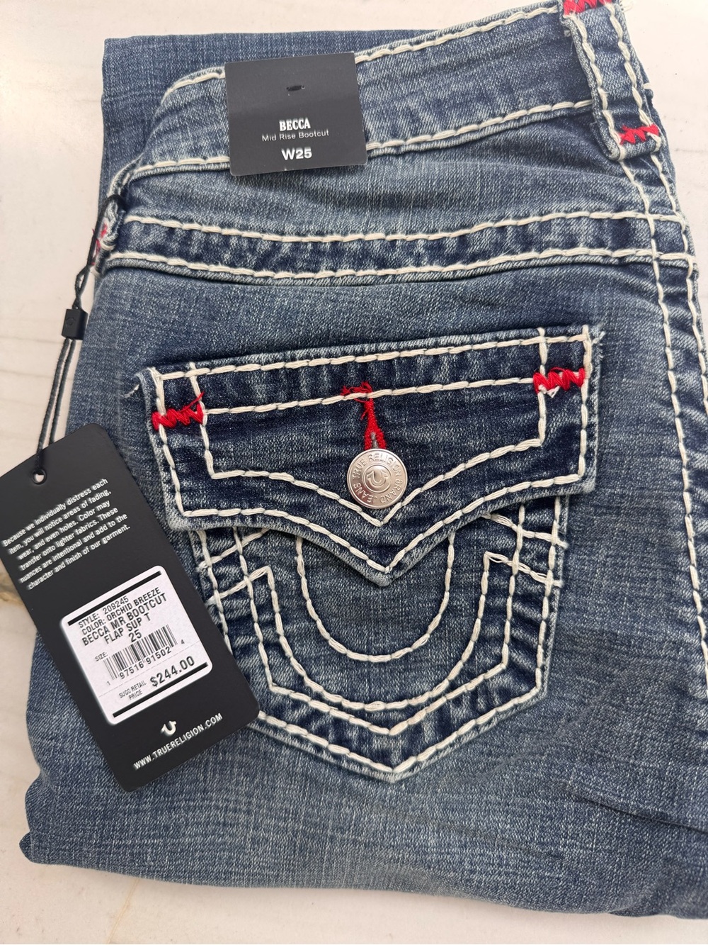 True Religion Becca Bootcut Jeans in Distressed Blue with Red Accents